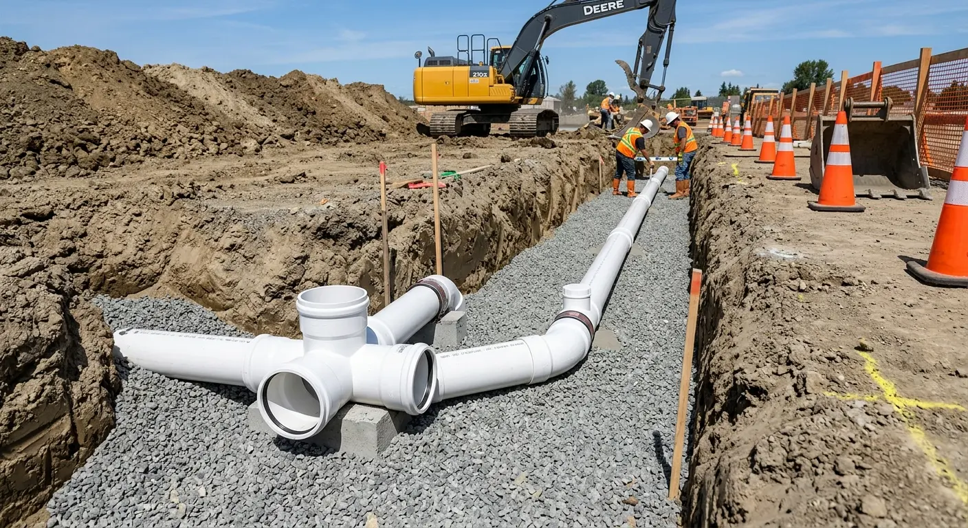 New PVC sewer pipe installation in open trench for Commercial Drain Cleaning in Honey Brook